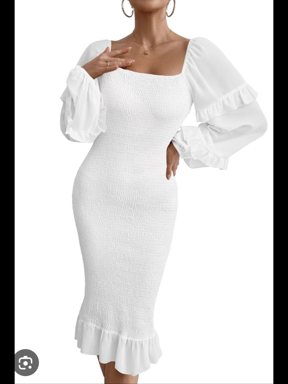 Pretty Garden NWT Smocked White Square-Neck Midi Smocked Dress Ruffled Sleeves S